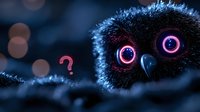 Curious black owl with glowing pink eyes peering from darkness, with question mark bokeh light creating mysterious and whimsical night scene for creative design projects.