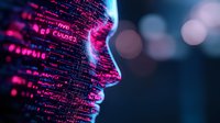 Digital profile with programming code projected on face silhouette in neon pink and blue colors against dark background, representing artificial intelligence.