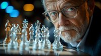 Senior Caucasian man with gray beard and glasses contemplating glass chess pieces on board, dramatic lighting creates atmospheric mood for strategic thinking and wisdom.