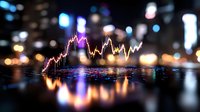 Financial market graph with glowing line chart reflecting on wet surface against blurred city lights and bokeh background at night. Trading concept.