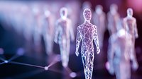 Digital wireframe human figure stands out among blurred silhouettes in futuristic purple and blue lighting for technology and AI concepts.