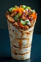 Grilled chicken wrap with fresh vegetables, walnuts and sauce in tortilla. Healthy lunch meal with protein and colorful ingredients for takeaway dining.