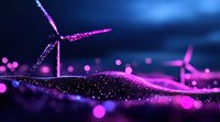 Pink glowing wind turbines against dark blue night sky with sparkly particles and bokeh effects creating magical renewable energy landscape.