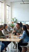 Diverse team of professionals collaborating at wooden table in bright modern office space with natural light, discussing project strategy and sharing ideas during business meeting.