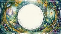 Enchanted forest frame with mystical trees, flowers and magical creatures surrounding ornate circular border for fairy tale designs and fantasy artwork.