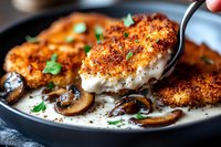Crispy breaded chicken cutlet served in creamy mushroom sauce garnished with fresh parsley, close up view of gourmet dinner dish in cast iron pan.