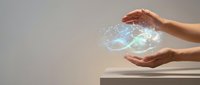 Hands holding glowing digital brain hologram representing artificial intelligence, innovation, and technology solutions for business and scientific research applications.