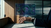 Businessman in dark suit interacting with holographic digital interface displaying data analytics and technology metrics on transparent screen for business solutions.