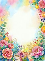 Watercolor floral frame with pink roses, peonies, citrus fruits, berries, coffee cup, and bubbles on a bright pastel background with copy space.