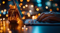 Atmospheric night workspace with laptop keyboard and glass jar against blurred bokeh lights background, combining warm orange and cool blue tones in cozy setup.