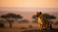 Majestic lioness sitting on rocky outcrop during golden hour sunset in African savanna with acacia trees silhouetted against warm orange sky in background.