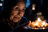 Elderly Asian woman looking at glowing birthday cake in dark room, creating atmospheric moment with candlelight illuminating her contemplative expression.
