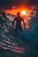 Silhouette of male surfer inside ocean wave at dramatic sunset, orange sun reflecting on water surface creating mystical atmosphere and dynamic composition.