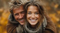 Happy young couple embracing outdoors in autumn, wearing cozy sweaters and scarves, smiling warmly at camera with golden fall foliage background for lifestyle content.