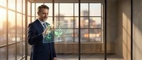 Mature businessman in suit interacting with holographic sustainability interface displaying green energy data in modern office with city view at sunset.