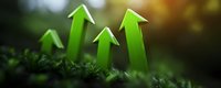 Glowing green arrows rising from moss covered ground against blurred natural background symbolize growth, success and environmental sustainability.