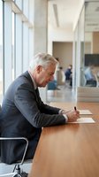 Senior male executive in gray business suit signing documents at wooden desk in modern office with glass partitions and colleagues in background.
