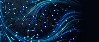 Digital circuit board with flowing blue light waves and glowing nodes representing data flow, network connectivity, and technology innovation for digital transformation and tech backgrounds.