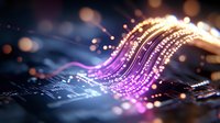 Glowing purple and gold digital wave flowing across circuit board with bokeh lights, representing data transfer, technology innovation, and network connectivity for tech backgrounds.