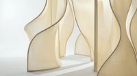 Modern abstract architectural interior with flowing curved walls and organic shapes in warm beige tones creating elegant spatial design for contemporary spaces.