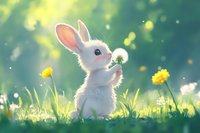 White bunny sniffing dandelion in spring meadow with soft bokeh lights and yellow flowers. Magical forest atmosphere with gentle morning sunlight and floating seeds.