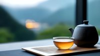 Traditional black ceramic teapot with glass cup of golden tea on wooden tray, serene mountain landscape background for mindful moments and relaxation rituals.
