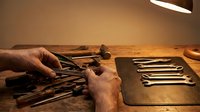 Craftsman hands organizing metal tools on wooden workbench with warm lighting, suitable for trades, craftsmanship, and workshop-related projects.