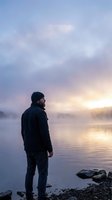 Contemplative man standing by misty lake at sunrise with dramatic cloudy sky and golden light reflection on water creating peaceful morning atmosphere.