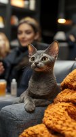 Gray Russian Blue cat with bright amber eyes sitting alertly on gray couch in cafe environment, orange blanket and drinks visible in background, shallow depth of field.