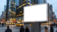 Large blank billboard on urban street with illuminated skyscrapers at dusk, pedestrians and yellow taxis in background, advertising mockup for marketing campaigns.