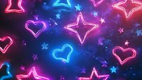 Vibrant neon hearts and stars glowing in pink and blue against cosmic dark background. Colorful luminous shapes create festive atmosphere for party designs.