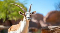 Majestic Dama Gazelle with distinctive curved horns stands alert against natural desert landscape, showcasing elegant profile and tan and white coloring in bright sunlight.