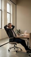 Relaxed mature businessman with hands behind head sitting at desk with laptop in modern office workspace enjoying successful moment.