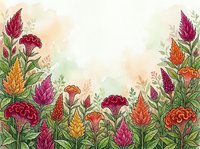 Watercolor celosia garden border with vibrant red, pink, orange and yellow blooms on soft pastel background with copy space.