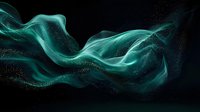 Ethereal turquoise smoke waves with glowing particles flow against dark background creating mystical atmospheric effect, suitable for abstract design projects.
