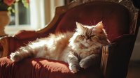 Fluffy Persian cat lounging on luxurious vintage red velvet armchair in warm sunlight, displaying regal and relaxed attitude for pet lifestyle and home decor concepts.