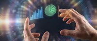 Business analytics visualization with holographic charts and graphs floating between hands showing data growth and financial performance metrics.