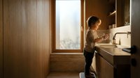 Young Asian woman washing hands at modern bathroom sink with natural sunlight streaming through wooden window frame creating warm morning hygiene routine.