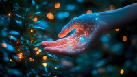 Glowing magical hand with sparkles and luminous particles against dark blue background with bokeh lights and foliage creates mystical atmosphere.