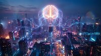 Glowing brain with neural networks floating above futuristic smart city skyline at night with digital connections and data streams linking urban infrastructure.
