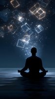 Silhouette of person meditating on water under glowing geometric cubes in starry night sky, mystical spiritual concept for mindfulness and enlightenment.