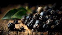 Aromatic black peppercorns scattered on rustic wooden surface with green leaf, macro food photography for culinary and spice marketing.