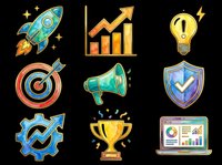 Startup business success icons set with rocket, growth chart, lightbulb, target, megaphone, shield, gear, trophy, and laptop isolated on transparent background. Ready for t-shirt design, clipart, stickers, and print-on-demand projects.