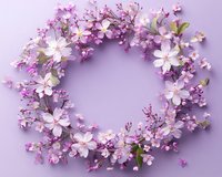 Delicate spring wreath made of pink cherry blossoms and small flowers arranged in circle on soft purple background, suitable for wedding and celebration designs.