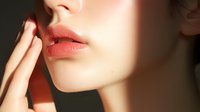 Close-up view of sensual pink glossy lips and gentle hand touching face against warm lighting background, showcasing natural beauty and skincare concept.