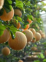Fresh ripe cantaloupe melons growing on vine with water drops and green leaves in morning sunlight, organic farming produce background.