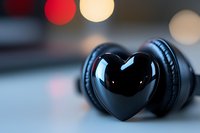 Black heart-shaped object with headphones against blurred bokeh background, romantic music concept for valentines day and love songs themes.
