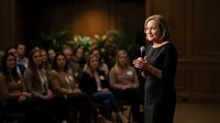 Confident mature Caucasian businesswoman delivering presentation to diverse professional audience in elegant conference room setting.