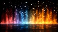 Vibrant multicolored light fountain display reflecting on water surface with glowing particles and starry effects creating magical atmospheric scene at night.