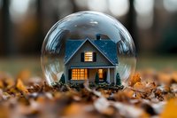 Miniature house with glowing windows inside glass sphere on autumn leaves, concept of home protection and real estate security.